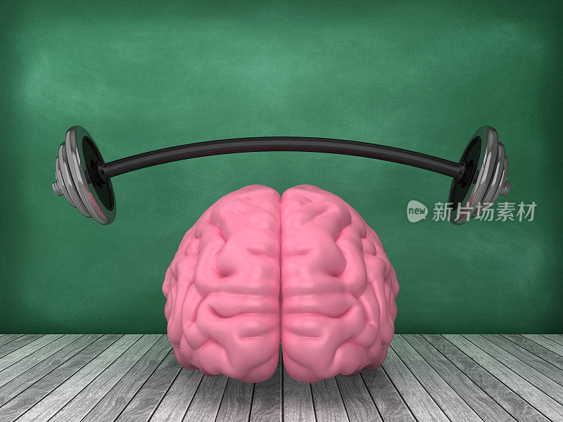 人类大脑与杠铃黑板背景- 3D渲染